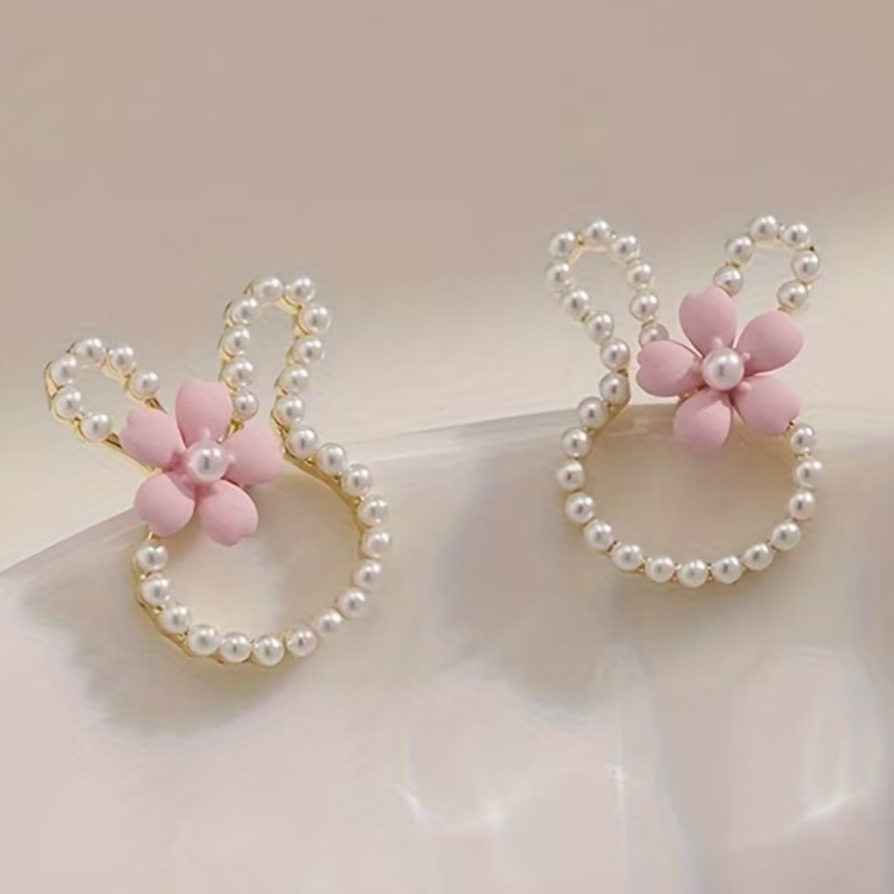 Pink Flower Pearl Bunny Earrings